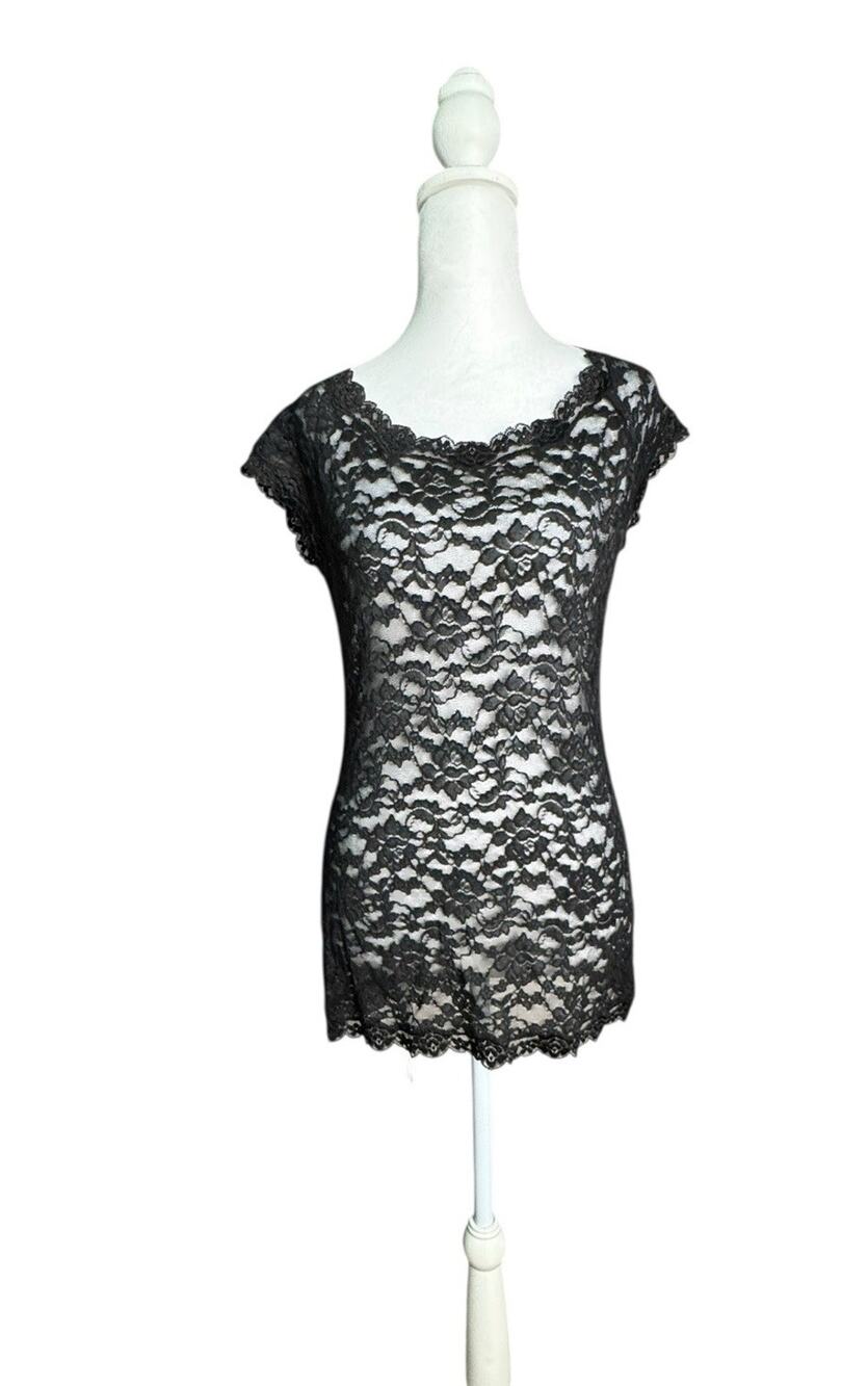 Y2K Black Lace Sheer Mini Dress Whimsigoth Dark Feminine Fairy Grunge Shirt Sz M
